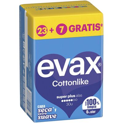 Almofadas Evax Cottonlike super plus wings 30 unidades Almofadas Evax Cottonlike super plus wings 30 unidades