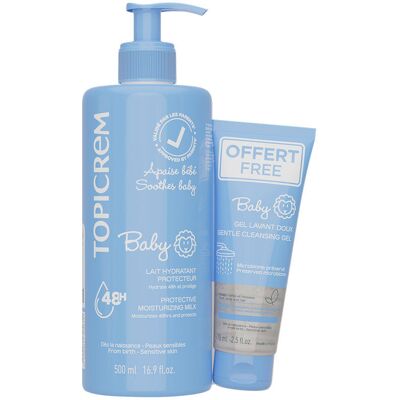 Topicrem Leite hidratante para bebês 500 ml + gel de limpeza 75 ml (2 unidades) Topicrem Leite hidratante para bebês 500 ml + gel de limpeza 75 ml (2 unidades)