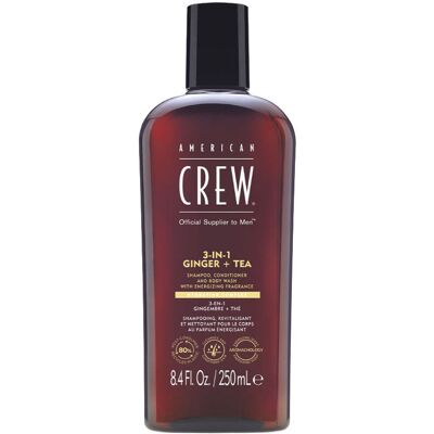 American Crew 3-em-1 Gengibre + Chá Shampoo, Condicionador e Gel de Banho (250ml) American Crew 3-em-1 Gengibre + Chá Shampoo, Condicionador e Gel de Banho (250ml)