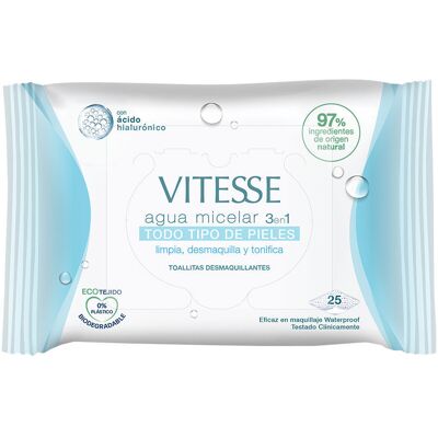 Vitesse Lenços umedecidos com água micelar 3 em 1 para todos os tipos de pele, 25 unidades. Vitesse Lenços umedecidos com água micelar 3 em 1 para todos os tipos de pele, 25 unidades.