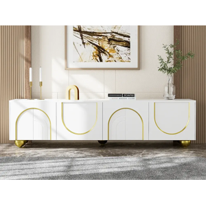 ModernLuxe Móvel de TV moderno - com prateleiras ajustáveis - em aglomerado - Branco e Dourado ModernLuxe Móvel de TV moderno - com prateleiras ajustáveis - em aglomerado - Branco e Dourado