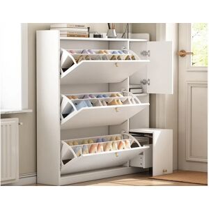 ModernLuxe Móvel para sapatos multifuncional 119x24x122 cm - com 3 gavetas dobráveis - com banco dobrável - com uma porta - branco ModernLuxe Móvel para sapatos multifuncional 119x24x122 cm - com 3 gavetas dobráveis - com banco dobrável - com uma porta - branco