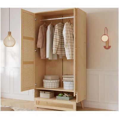 ModernLuxe Armário com varão - 2 portas em rede de vime e 1 compartimento com aba - Natural ModernLuxe Armário com varão - 2 portas em rede de vime e 1 compartimento com aba - Natural