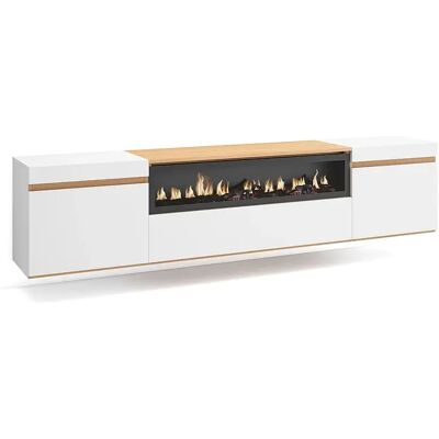 Skraut Home Móvel de TV, 200x35x45cm, Para televisores até 80", Lareira eléctrica, Suspensos, Branco e Carvalho soft Skraut Home Móvel de TV, 200x35x45cm, Para televisores até 80", Lareira eléctrica, Suspensos, Branco e Carvalho soft