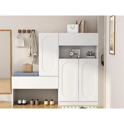 ModernLuxe Móvel multifuncional para sapatos - com assento estofado - com 4 portas e 1 gaveta - Branco ModernLuxe Móvel multifuncional para sapatos - com assento estofado - com 4 portas e 1 gaveta - Branco