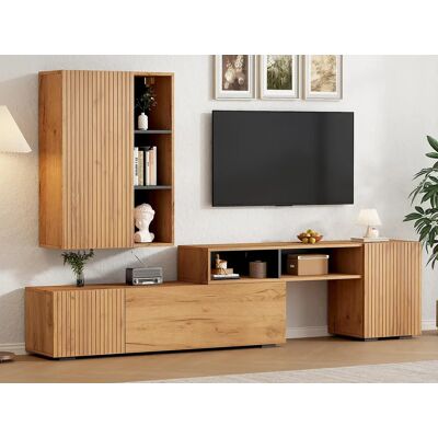 ModernLuxe Conjunto de móvel para TV 2 peças - móvel para TV ajustável + móvel de parede - 4 portas - prateleiras abertas - natural+preto ModernLuxe Conjunto de móvel para TV 2 peças - móvel para TV ajustável + móvel de parede - 4 portas - prateleiras abertas - natural+preto