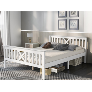 Merax Cama com cabeceira - 140 x 200 cm - pinho - base de ripas - cor branca Merax Cama com cabeceira - 140 x 200 cm - pinho - base de ripas - cor branca