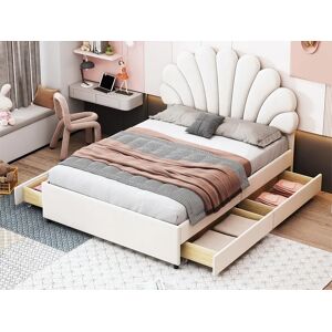 ModernLuxe Cama de casal estofada em veludo com 4 gavetas - 140x200cm - cabeceira em forma de flor - com base de ripas - Bege ModernLuxe Cama de casal estofada em veludo com 4 gavetas - 140x200cm - cabeceira em forma de flor - com base de ripas - Bege