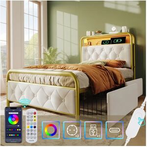 Merax Cama estofada 90 x 200 cm com 2 gavetas e cabeceira de arrumação - Tomadas USB tipo C e LEDs - Veludo - Branco (sem colchão) Merax Cama estofada 90 x 200 cm com 2 gavetas e cabeceira de arrumação - Tomadas USB tipo C e LEDs - Veludo - Branco (sem colchão)