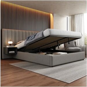 Merax Cama arrumação 180 x 200 cm com cabeceira grande e 2 mesas de cabeceira - Tecido de linho - Cinza + preto (sem colchão) Merax Cama arrumação 180 x 200 cm com cabeceira grande e 2 mesas de cabeceira - Tecido de linho - Cinza + preto (sem colchão)