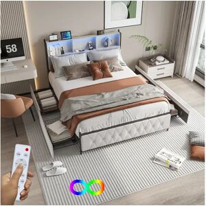 Cama de casal 160x200cm Bege Com 4 gavetas Com LED e USB Cama de casal 160x200cm Bege Com 4 gavetas Com LED e USB