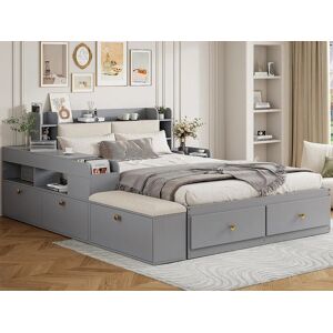 ModernLuxe Cama de casal em madeira maciça 140×200 cm - com arrumação - com 2 gavetas - com criado-mudo - com banqueta - Cinza (sem colchão) ModernLuxe Cama de casal em madeira maciça 140×200 cm - com arrumação - com 2 gavetas - com criado-mudo - com banqueta - Cinza (sem colchão)