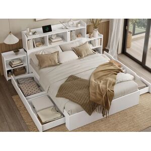 ModernLuxe Cama de casal 140x200cm - com 2 mesas de cabeceira deslizantes - com tipo C e carregamento sem fio - com 4 gavetas e compartimentos de armazenamento - Branco ModernLuxe Cama de casal 140x200cm - com 2 mesas de cabeceira deslizantes - com tipo C e carregamento sem fio - com 4 gavetas e compartimentos de armazenamento - Branco