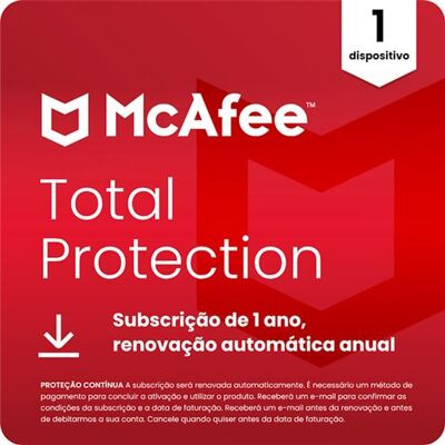 McAfee Total Protection (Windows, macOS, Android, iOS, ChromeOS) - 1 Dispositivo - Subscrição de 1 ano (Cartão de Chave de Produto ou Transferência Digital) McAfee Total Protection (Windows, macOS, Android, iOS, ChromeOS) - 1 Dispositivo - Subscrição de 1 ano (Cartão de Chave de Produto ou Transferência Digital)