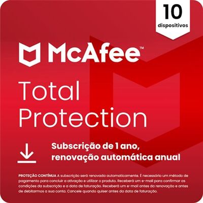 McAfee Total Protection (Windows, macOS, Android, iOS, ChromeOS) - 10 Dispositivos - Subscrição de 1 ano (Cartão de Chave de Produto ou Transferência Digital) McAfee Total Protection (Windows, macOS, Android, iOS, ChromeOS) - 10 Dispositivos - Subscrição de 1 ano (Cartão de Chave de Produto ou Transferência Digital)