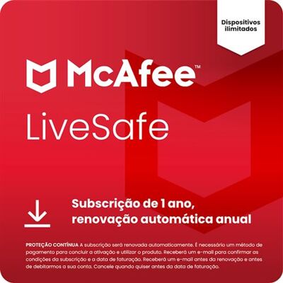McAfee LiveSafe (Windows, macOS, Android, iOS, ChromeOS) - Dispositivos Ilimitados - Subscrição de 1 ano (Cartão de Chave de Produto ou Transferência Digital) McAfee LiveSafe (Windows, macOS, Android, iOS, ChromeOS) - Dispositivos Ilimitados - Subscrição de 1 ano (Cartão de Chave de Produto ou Transferência Digital)