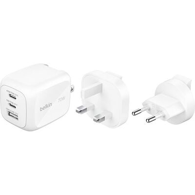 Belkin Carregador GaN USB+2xUSB-C BoostCharge Pro 70W - Adaptador Tomada UK+EU+US - Branco Belkin Carregador GaN USB+2xUSB-C BoostCharge Pro 70W - Adaptador Tomada UK+EU+US - Branco