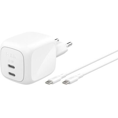 Belkin Carregador GaN 2x USB-C Boost Charge Pro 67W + Cabo USB-C - Branco Belkin Carregador GaN 2x USB-C Boost Charge Pro 67W + Cabo USB-C - Branco