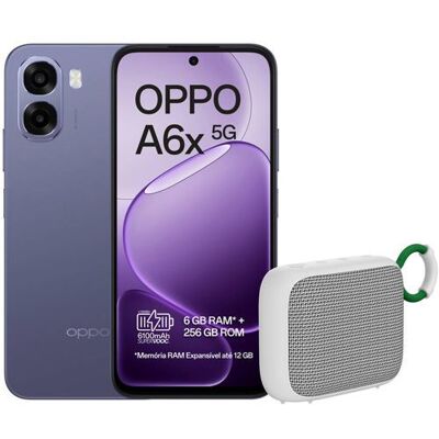 Oppo A6x 5G - 256GB - Preto Ametista + Coluna Portátil Wireless - Branco Oppo A6x 5G - 256GB - Preto Ametista + Coluna Portátil Wireless - Branco