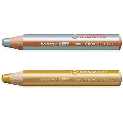 STABILO Lápis multitalentoso, Woody, 3 em 1, conjunto de 2 lápis, ouro e prata STABILO Lápis multitalentoso, Woody, 3 em 1, conjunto de 2 lápis, ouro e prata
