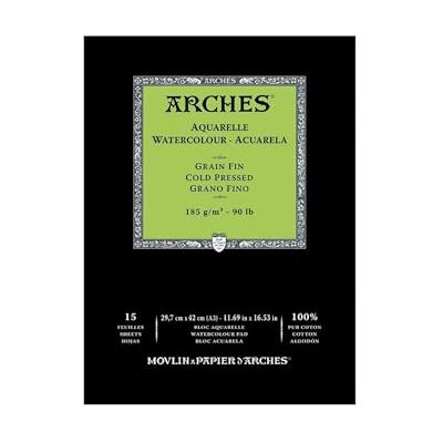 ARCHES Bloco para aguarela colada 1 lado (12 folhas), grão fino, 185 g/m², A3 ARCHES Bloco para aguarela colada 1 lado (12 folhas), grão fino, 185 g/m², A3