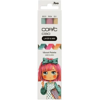 COPIC Ciao LAYER & MIX «Vibrant Palette», conjunto de marcadores de 3 cores diferentes, marcador de plotagem com ponta média e ponta do pincel. COPIC Ciao LAYER & MIX «Vibrant Palette», conjunto de marcadores de 3 cores diferentes, marcador de plotagem com ponta média e ponta do pincel.