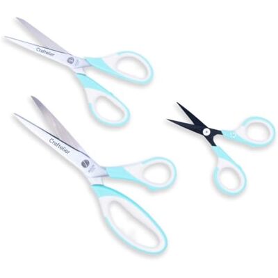 Craftelier Conjunto de 3 Tesouras de Aço Inoxidável em Diferentes Tamanhos para Artesanato Cabo Ergonómico Para Destros e Canhotos Tamanhos: 11,4 cm; 16,51 cm; 21,59 cm Cor: Turquesa e Craftelier Conjunto de 3 Tesouras de Aço Inoxidável em Diferentes Tamanhos para Artesanato Cabo Ergonómico Para Destros e Canhotos Tamanhos: 11,4 cm; 16,51 cm; 21,59 cm Cor: Turquesa e