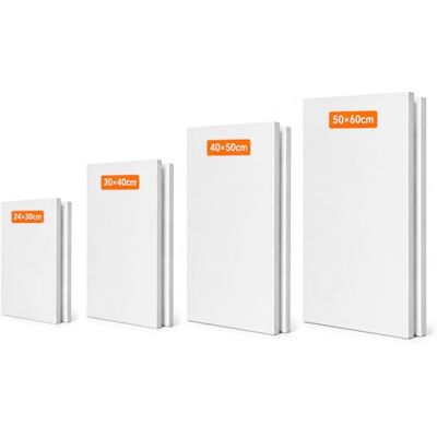 ARTME Telas pré-esticadas 8 peças (24 x 30 2 peças, 30 x 40 2 peças, 40 x 50 2 peças, 50 x 60 pz) de artista / 280 GSM 100% algodão/branco/triplo preparado/sem ácido/grão médio / 1,7 cm acrílico/óleo ARTME Telas pré-esticadas 8 peças (24 x 30 2 peças, 30 x 40 2 peças, 40 x 50 2 peças, 50 x 60 pz) de artista / 280 GSM 100% algodão/branco/triplo preparado/sem ácido/grão médio / 1,7 cm acrílico/óleo