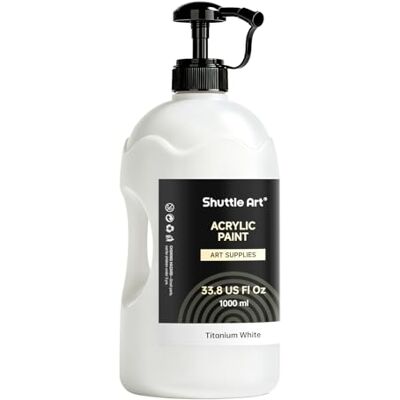 Shuttle Tinta acrílica branca titânio 1000 ml com bomba doseadora e tampa, pintura acrílica branca secagem rápida não tóxica, ideal para crianças, artistas, estudantes e artesanato DIY Shuttle Tinta acrílica branca titânio 1000 ml com bomba doseadora e tampa, pintura acrílica branca secagem rápida não tóxica, ideal para crianças, artistas, estudantes e artesanato DIY