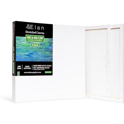Elan Tela, 60 x 60 cm, conjunto de 4 telas para pintar 280 GSM Tela 100% de fibra natural de algodão, livre de ácidos, branco, ideal para pintura acrílica e guache Elan Tela, 60 x 60 cm, conjunto de 4 telas para pintar 280 GSM Tela 100% de fibra natural de algodão, livre de ácidos, branco, ideal para pintura acrílica e guache