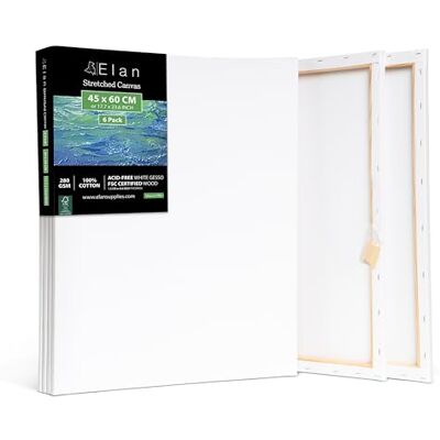 Elan Tela, 45 x 60 cm, conjunto de 6 telas para pintar 280 GSM Tela 100% de fibra natural de algodão, livre de ácidos, branco, ideal para pintura acrílica e guache Elan Tela, 45 x 60 cm, conjunto de 6 telas para pintar 280 GSM Tela 100% de fibra natural de algodão, livre de ácidos, branco, ideal para pintura acrílica e guache