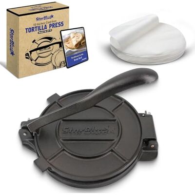 StarBlue Prensa para tortilhas de ferro, 25 cm de diâmetro, 100 peças de papel oleado e livro eletrónico de receitas, ideal para fazer chapatis, tortilhas e rotis indianos StarBlue Prensa para tortilhas de ferro, 25 cm de diâmetro, 100 peças de papel oleado e livro eletrónico de receitas, ideal para fazer chapatis, tortilhas e rotis indianos
