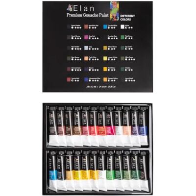 Elan Conjunto de pintura guache profissional, 24 tubos de 12 ml Tintas de guache em tubo altamente pigmentadas para tela, cobertura macia, acabamento mate intenso Elan Conjunto de pintura guache profissional, 24 tubos de 12 ml Tintas de guache em tubo altamente pigmentadas para tela, cobertura macia, acabamento mate intenso