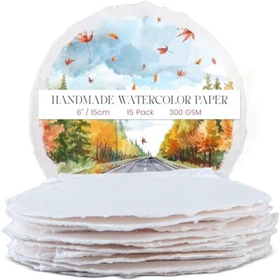WANDERINGS Papel de aguarela redondo com borda regular, 300 GSM, papel circular branco texturizado prensado a frio, premium de algodão reciclado, para técnicas mistas, 15 folhas soltas, 15,2 cm WANDERINGS Papel de aguarela redondo com borda regular, 300 GSM, papel circular branco texturizado prensado a frio, premium de algodão reciclado, para técnicas mistas, 15 folhas soltas, 15,2 cm