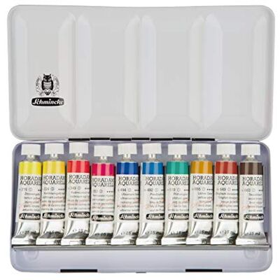 Schmincke Caixa de tintas HORADAM® AQUARELL, 10 tubos de 15 ml, sortido básico, , caixa metálica, conjunto de pintura, aguarelas de primeira qualidade Schmincke Caixa de tintas HORADAM® AQUARELL, 10 tubos de 15 ml, sortido básico, , caixa metálica, conjunto de pintura, aguarelas de primeira qualidade