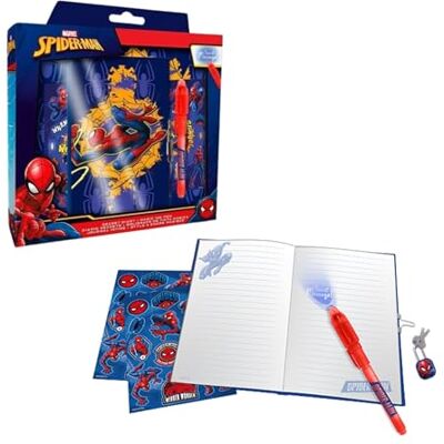Disney Marvel Spider-Man Conjunto de papelaria, inclui diário secreto caneta autocolantes e cadeado com chaves, presente conjunto de papelaria para crianças Disney Marvel Spider-Man Conjunto de papelaria, inclui diário secreto caneta autocolantes e cadeado com chaves, presente conjunto de papelaria para crianças