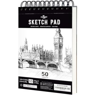 Stationery Island Bloco de desenho, A5 Sketchbook 180 g/m² papel grosso, 100 páginas / 50 folhas encadernadas em espiral caderno de desenho 1 pacote Stationery Island Bloco de desenho, A5 Sketchbook 180 g/m² papel grosso, 100 páginas / 50 folhas encadernadas em espiral caderno de desenho 1 pacote