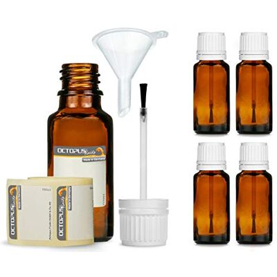Octopus Frascos de 5 x 20 ml com escova montada, garrafa de vidro castanho com tampa de escova, garrafa de esmalte de unhas, por exemplo, para lacas, pinturas, adesivos e óleos Octopus Frascos de 5 x 20 ml com escova montada, garrafa de vidro castanho com tampa de escova, garrafa de esmalte de unhas, por exemplo, para lacas, pinturas, adesivos e óleos