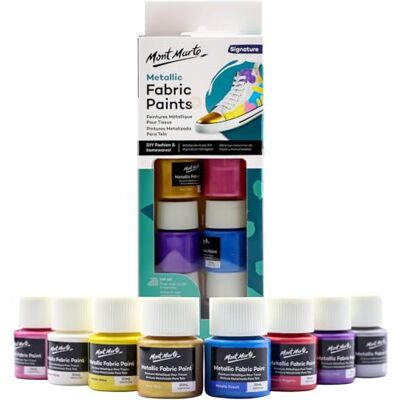 MONT MARTE Tinta para tecido metálico 8 peças x 20 ml, Tintas têxteis permanentes, cores brilhantes para roupas, malas e todos os tecidos MONT MARTE Tinta para tecido metálico 8 peças x 20 ml, Tintas têxteis permanentes, cores brilhantes para roupas, malas e todos os tecidos