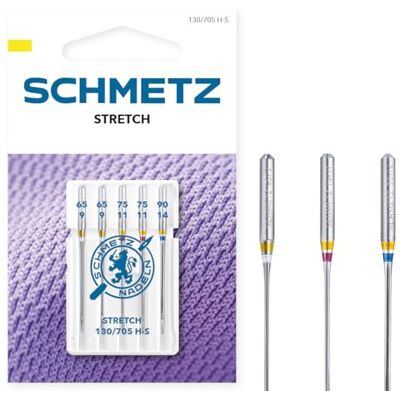 SCHMETZ Stretch 65/9-90/14 5 agulhas para máquinas de costura 130/705 H-S para praticamente todas as máquinas de costura domésticas convencionais SCHMETZ Stretch 65/9-90/14 5 agulhas para máquinas de costura 130/705 H-S para praticamente todas as máquinas de costura domésticas convencionais