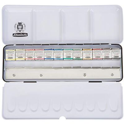 Schmincke HORADAM® AQUARELL Caixa de tintas com 12 aguarelas finas, , caixa metálica, conjunto de pinturas, 12 x 1/2 godets, espaço para 12 1/2 godets adicionais Schmincke HORADAM® AQUARELL Caixa de tintas com 12 aguarelas finas, , caixa metálica, conjunto de pinturas, 12 x 1/2 godets, espaço para 12 1/2 godets adicionais