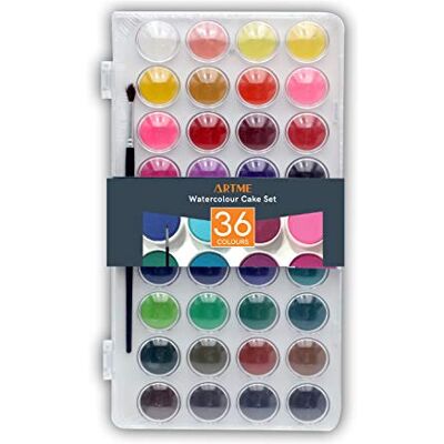 ARTME Pintura em aguarela 36 cores um pincel, caixa de kit de palhetas de artista, alta força de tinta, pigmentação intensa artistas, estudantes e iniciantes ARTME Pintura em aguarela 36 cores um pincel, caixa de kit de palhetas de artista, alta força de tinta, pigmentação intensa artistas, estudantes e iniciantes