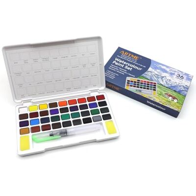 ARTME Aquarelas/Conjunto de pintura em forma de cubo de aguarela em estojo de transporte com pincel: 36 cores vibrantes, material artístico essencial. ARTME Aquarelas/Conjunto de pintura em forma de cubo de aguarela em estojo de transporte com pincel: 36 cores vibrantes, material artístico essencial.