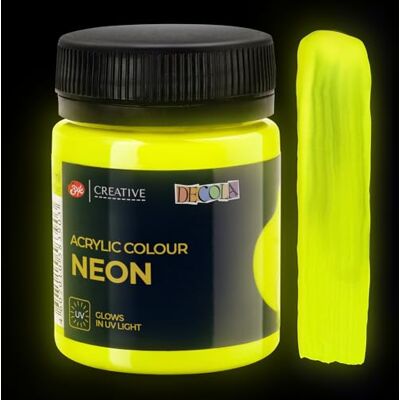 Decola Nevskaya Palitra pintura têxtil fluorescente amarela 50 ml para tecido lavável néon acrílico com efeito brilhante sob luz preta (luz UV) qualidade Decola Nevskaya Palitra pintura têxtil fluorescente amarela 50 ml para tecido lavável néon acrílico com efeito brilhante sob luz preta (luz UV) qualidade