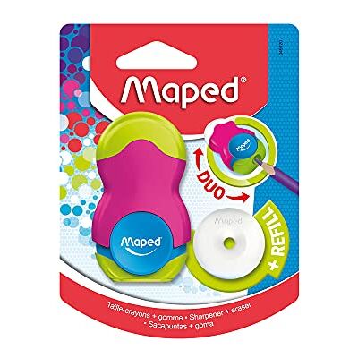 Maped Material escolar DUO Apontador de lápis de borracha Loopy Apontador com borracha compartimento para virutas inclui borracha de substituição 3 desenhos combinados Maped Material escolar DUO Apontador de lápis de borracha Loopy Apontador com borracha compartimento para virutas inclui borracha de substituição 3 desenhos combinados