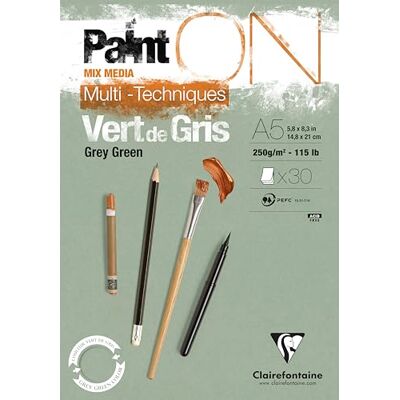 Clairefontaine Bloco papel de desenho multitécnicas PaintON 30 folhas grão ligeiramente áspero 100% celulose A5 (14,8 x 21 cm) 250 g verde cinzento Clairefontaine Bloco papel de desenho multitécnicas PaintON 30 folhas grão ligeiramente áspero 100% celulose A5 (14,8 x 21 cm) 250 g verde cinzento