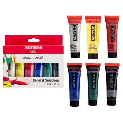 Amsterdam Standard Series Conjunto de pintura acrílica para novatos, conjunto de mistura de cores (6 x 20 ml) cores básicas Amsterdam Standard Series Conjunto de pintura acrílica para novatos, conjunto de mistura de cores (6 x 20 ml) cores básicas