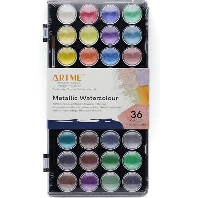 ARTME Aguarelas/palhetas metálicas para bolos de pintura em aguarela com um pincel de artista, 36 cores vibrantes ARTME Aguarelas/palhetas metálicas para bolos de pintura em aguarela com um pincel de artista, 36 cores vibrantes