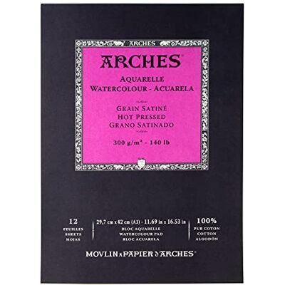 ARCHES Aquarelle 100% cetim 300 g bloco colado A3 12 folhas branco natural ARCHES Aquarelle 100% cetim 300 g bloco colado A3 12 folhas branco natural