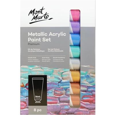 MONT MARTE Tinta acrílica metalizada, 8 peças, tubos de 36 ml, ideal para pintura acrílica, cores resistentes à luz com grande opacidade MONT MARTE Tinta acrílica metalizada, 8 peças, tubos de 36 ml, ideal para pintura acrílica, cores resistentes à luz com grande opacidade